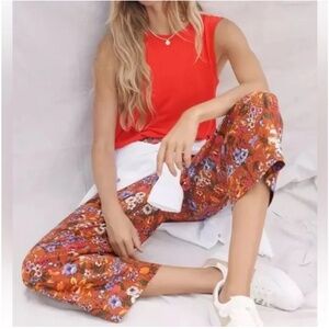 Anthropologie Maeve Flower Power Floral High Waisted Wide Leg Pants Retro Crop
